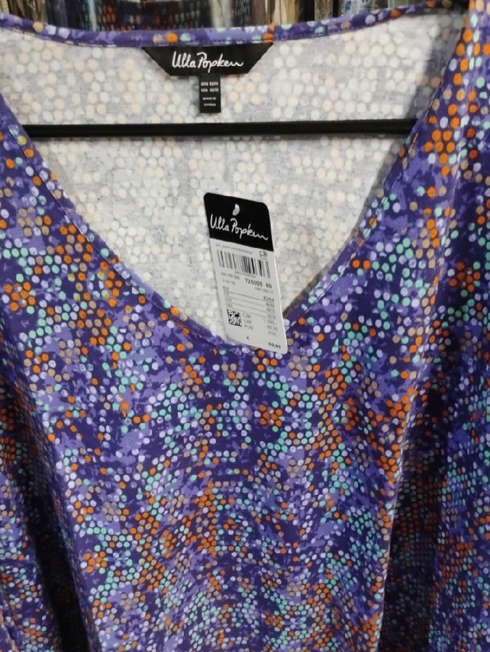 Ulla Popken Purple V-Neck Dot Cascade Top with Teal and Orange Accents